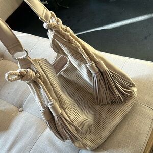 Abbacino Creme Leather Rope Woven Hobo Purse